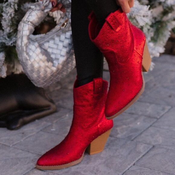 New Red Rhinestone Cowgirl Cowboy Western Ankle Boots Booties Block Heel Pull-On - Picture 4 of 6